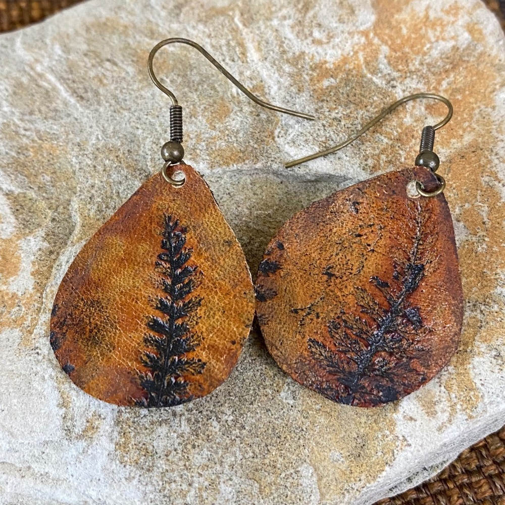 Embossed Ferns‎ Leather Earrings Tear Drop Lightweight